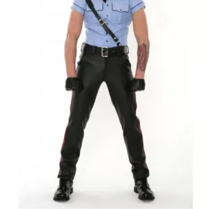 Classic Rise Waist Black Leather Pants for Men