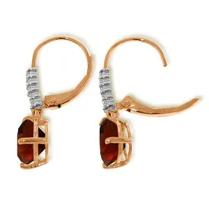 14K Solid Rose Gold Leverback Earrings Natural Diamond & Garnet