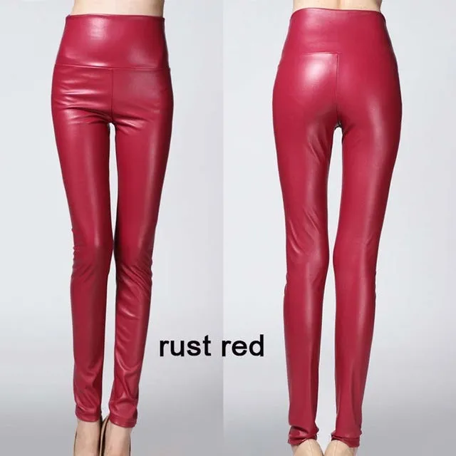 2016 Thicken Winter PU Leather women pants high waist elastic fleece stretch Slim woman pencil pants skinny trousers 25 colors