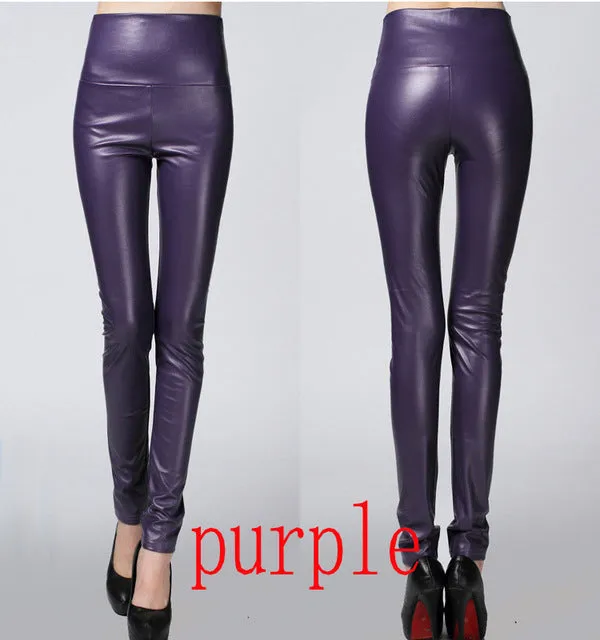 2016 Thicken Winter PU Leather women pants high waist elastic fleece stretch Slim woman pencil pants skinny trousers 25 colors