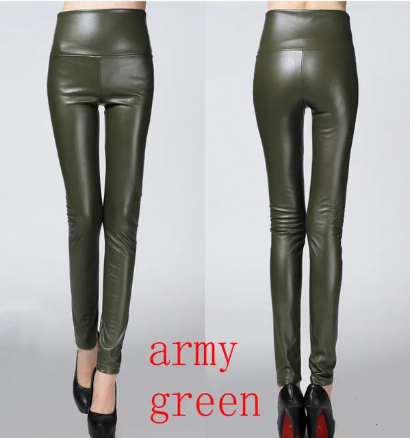 2016 Thicken Winter PU Leather women pants high waist elastic fleece stretch Slim woman pencil pants skinny trousers 25 colors