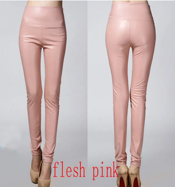 2016 Thicken Winter PU Leather women pants high waist elastic fleece stretch Slim woman pencil pants skinny trousers 25 colors