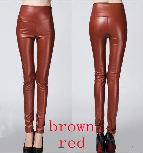 2016 Thicken Winter PU Leather women pants high waist elastic fleece stretch Slim woman pencil pants skinny trousers 25 colors