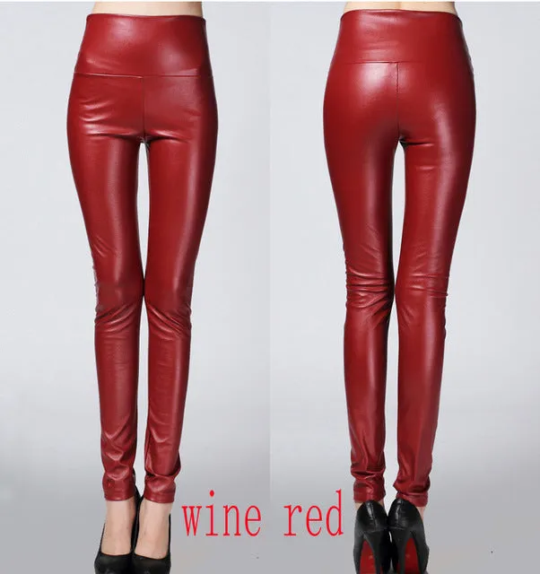 2016 Thicken Winter PU Leather women pants high waist elastic fleece stretch Slim woman pencil pants skinny trousers 25 colors