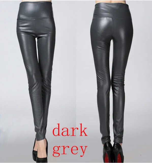 2016 Thicken Winter PU Leather women pants high waist elastic fleece stretch Slim woman pencil pants skinny trousers 25 colors