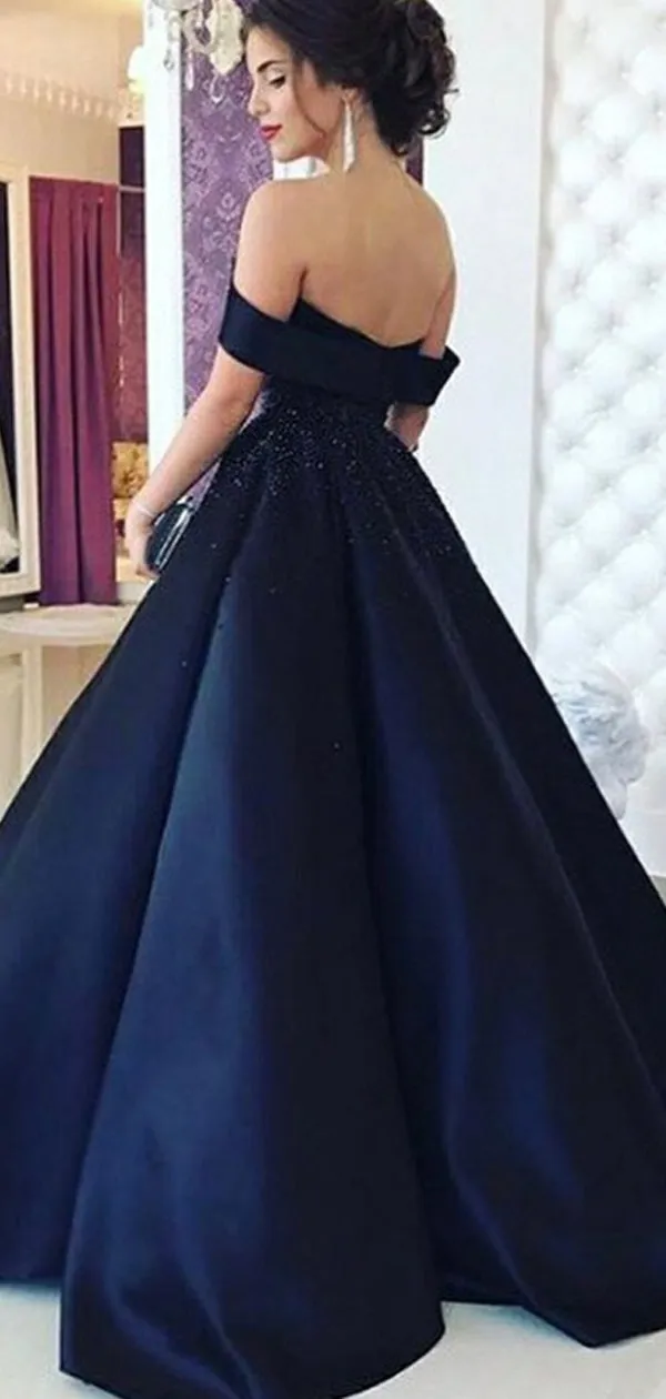 A-Line Off-the-Shoulder Pleated Navy Blue Satin Prom Dresses with Beading, TYP1302