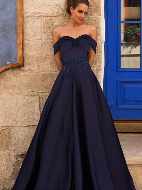 A-Line Off-the-Shoulder Pleated Navy Blue Satin Prom Dresses with Beading, TYP1302