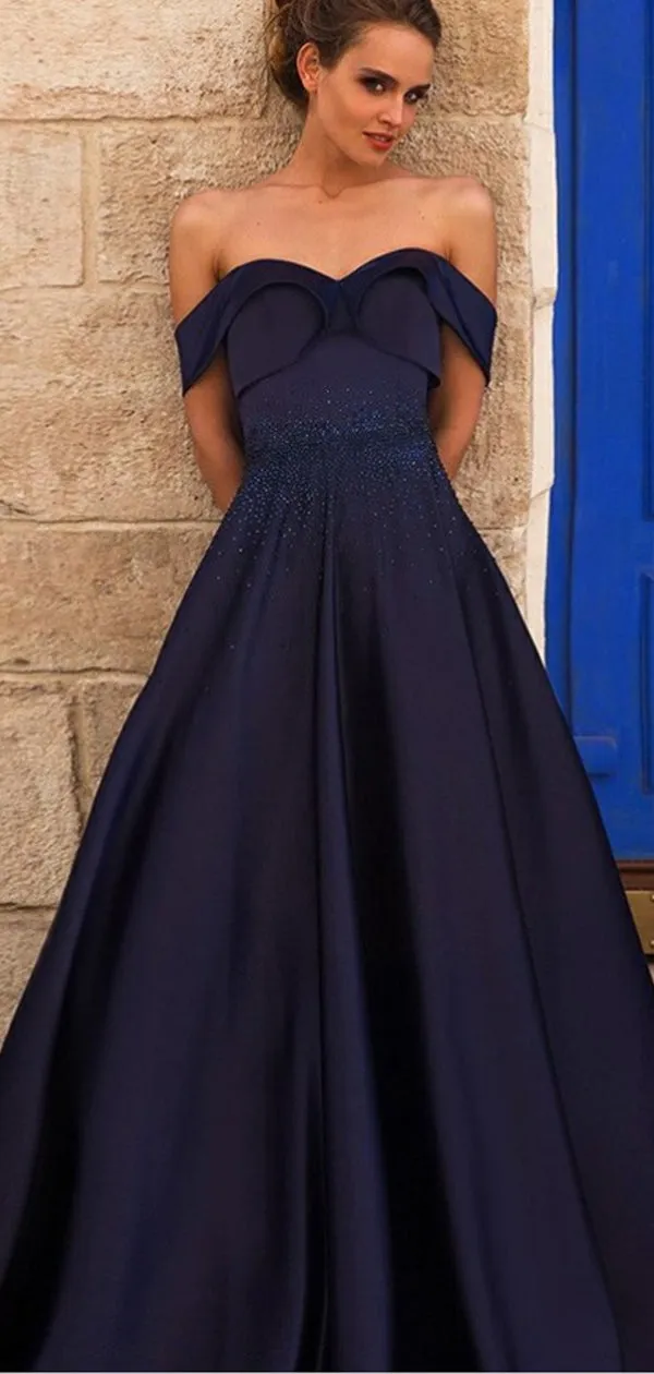 A-Line Off-the-Shoulder Pleated Navy Blue Satin Prom Dresses with Beading, TYP1302