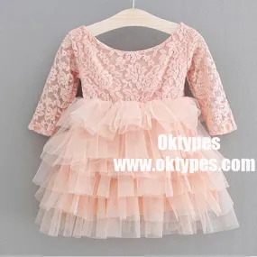 A-Line Round Neck Pleated Pink Tulle Flower Girl Dress with Flowers, TYP0970