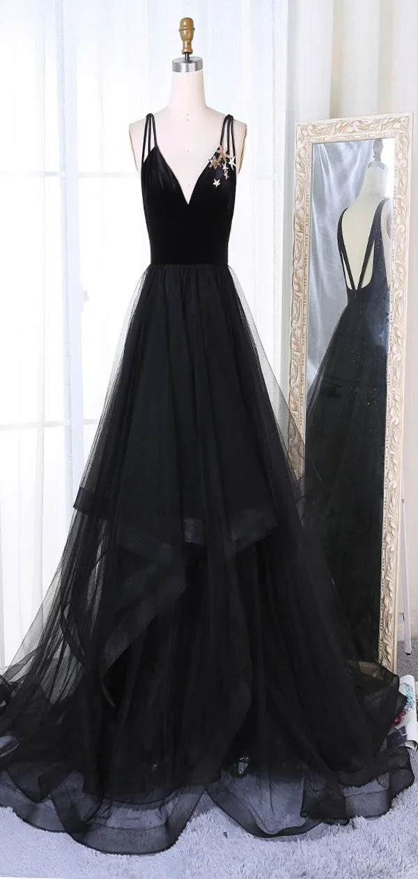 A-Line V-Neck Sweep Train Pleated Tiered Black Tulle Prom Dresses, TYP1397