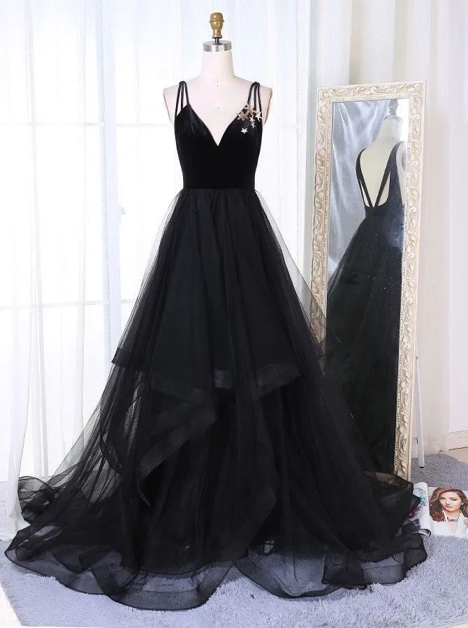 A-Line V-Neck Sweep Train Pleated Tiered Black Tulle Prom Dresses, TYP1397