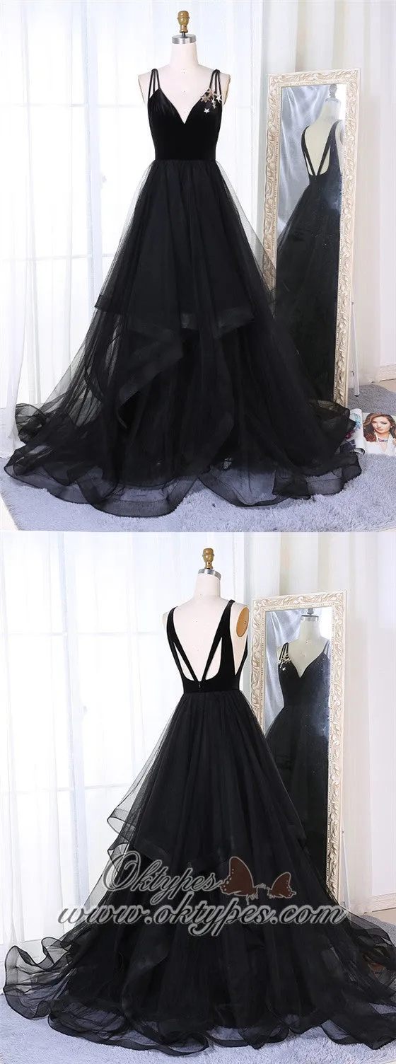 A-Line V-Neck Sweep Train Pleated Tiered Black Tulle Prom Dresses, TYP1397