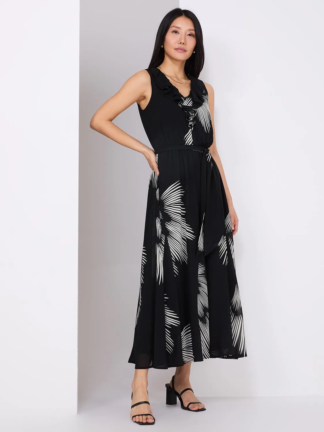 Abstract Print Maxi Dress With Ruffle Details