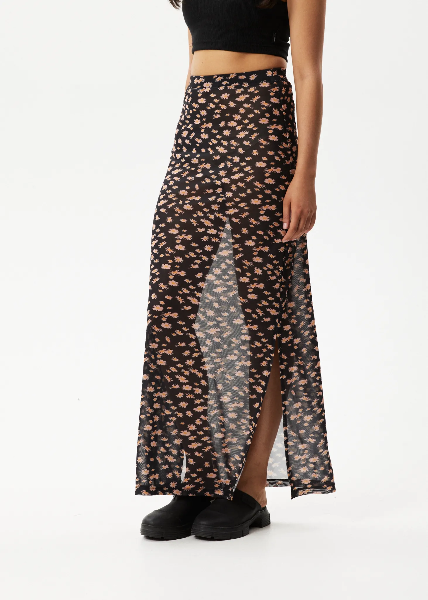 AFENDS Womens Hazey - Sheer Maxi Skirt - Black Floral