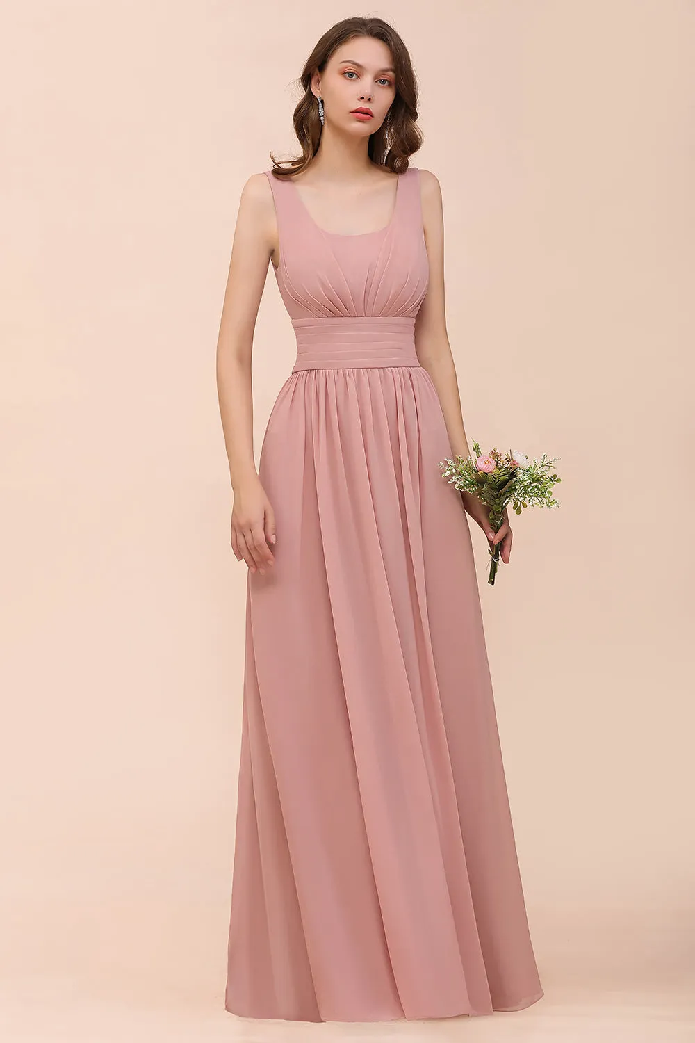 Affordable Long A-line Chiffon Mauve Bridesmaid Dress