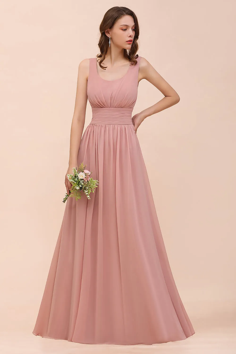 Affordable Long A-line Chiffon Mauve Bridesmaid Dress