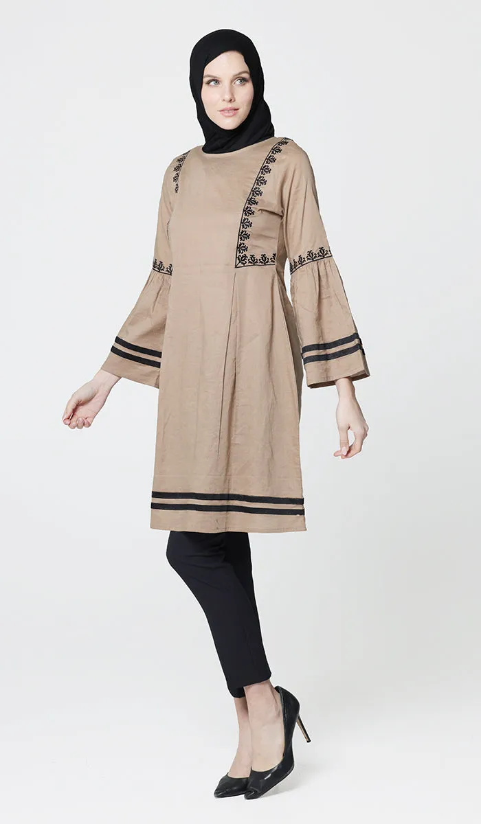 Aicha Embroidered Cotton Modest Midi Tunic - Cafe