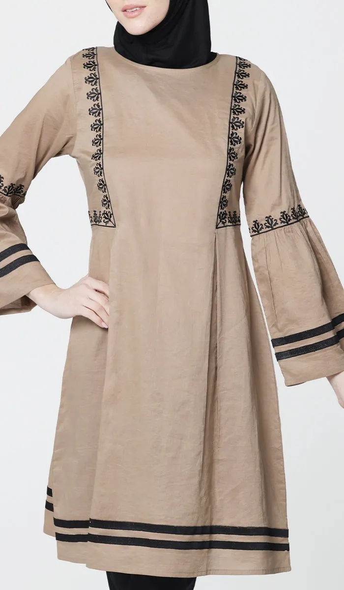 Aicha Embroidered Cotton Modest Midi Tunic - Cafe