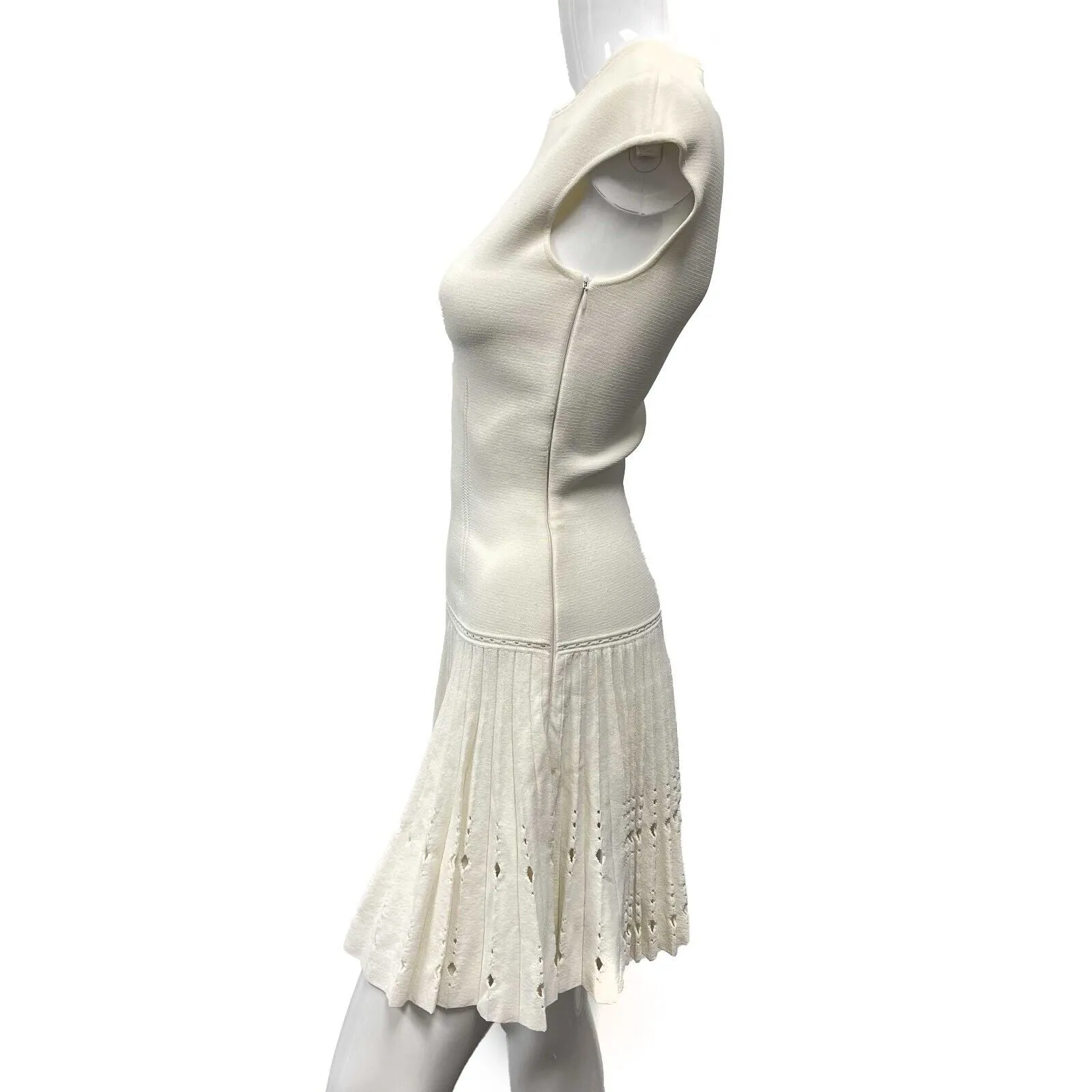 Alexander McQueen Cap-Sleeve Knit Cutout Plisse Cream XS US 0