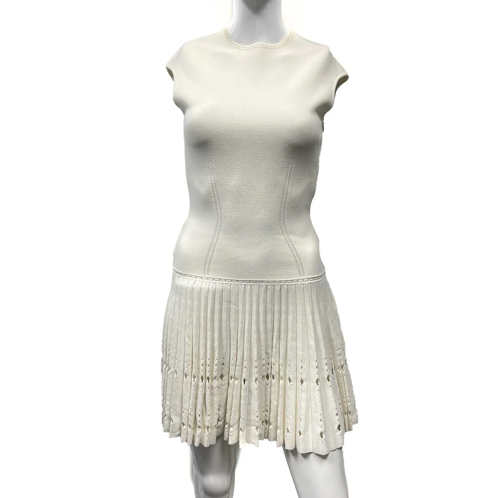 Alexander McQueen Cap-Sleeve Knit Cutout Plisse Cream XS US 0