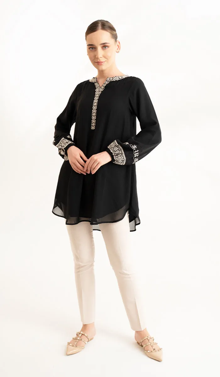 Amalie Embroidered Long Modest Tunic - Black