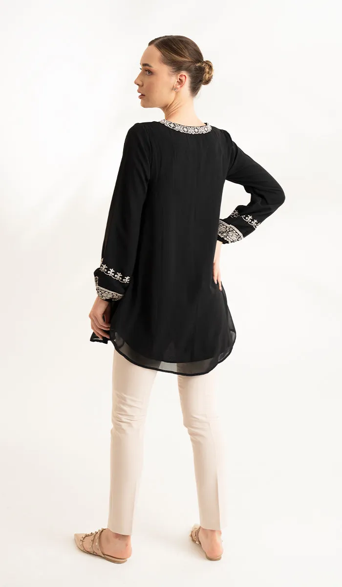 Amalie Embroidered Long Modest Tunic - Black