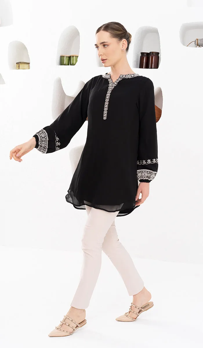 Amalie Embroidered Long Modest Tunic - Black