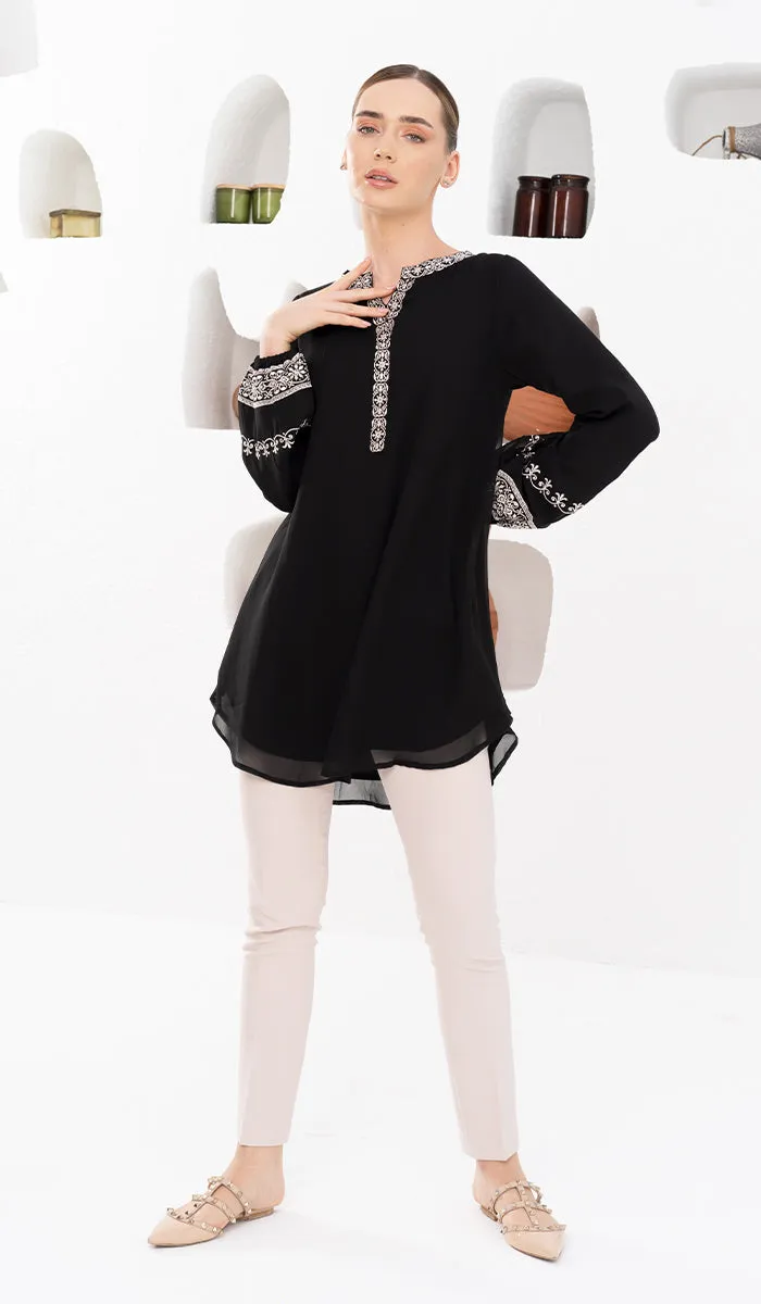 Amalie Embroidered Long Modest Tunic - Black