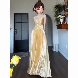 Amozae dress Golden Velvet Dress Sling Pleated 2024 Autumn and Winter New Socialite Fashion Elegant Elegant High-End Light Luxury