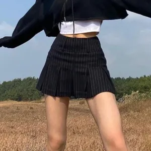 Amozae Pleated Skirts Vintage Striped Women High Waist Preppy Style Korean Sexy Slim A Line Mini Skirt School Uniform Casual