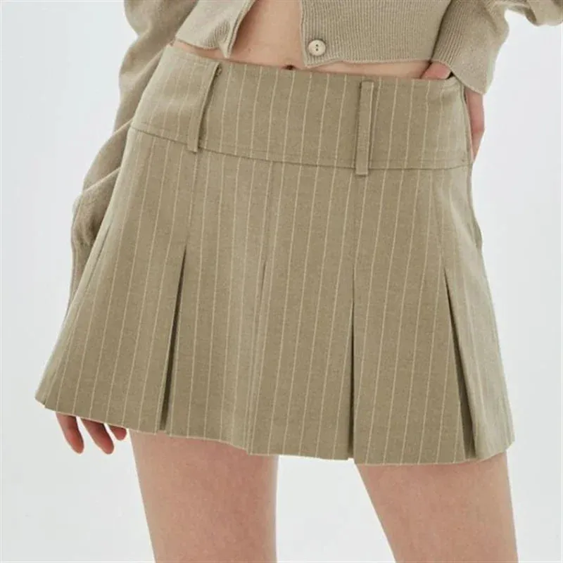 Amozae Pleated Skirts Vintage Striped Women High Waist Preppy Style Korean Sexy Slim A Line Mini Skirt School Uniform Casual