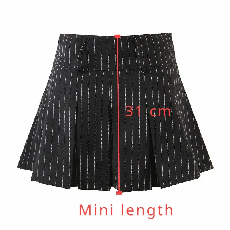 Amozae Pleated Skirts Vintage Striped Women High Waist Preppy Style Korean Sexy Slim A Line Mini Skirt School Uniform Casual