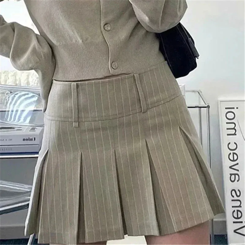 Amozae Pleated Skirts Vintage Striped Women High Waist Preppy Style Korean Sexy Slim A Line Mini Skirt School Uniform Casual