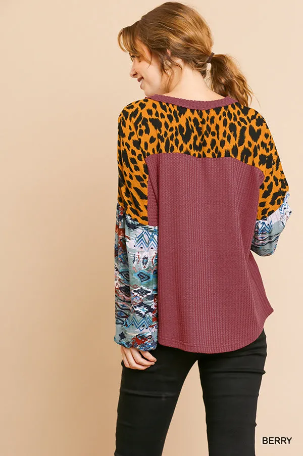 Animal & Aztec Waffle Knit Top, Berry