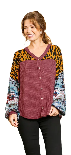 Animal & Aztec Waffle Knit Top, Berry