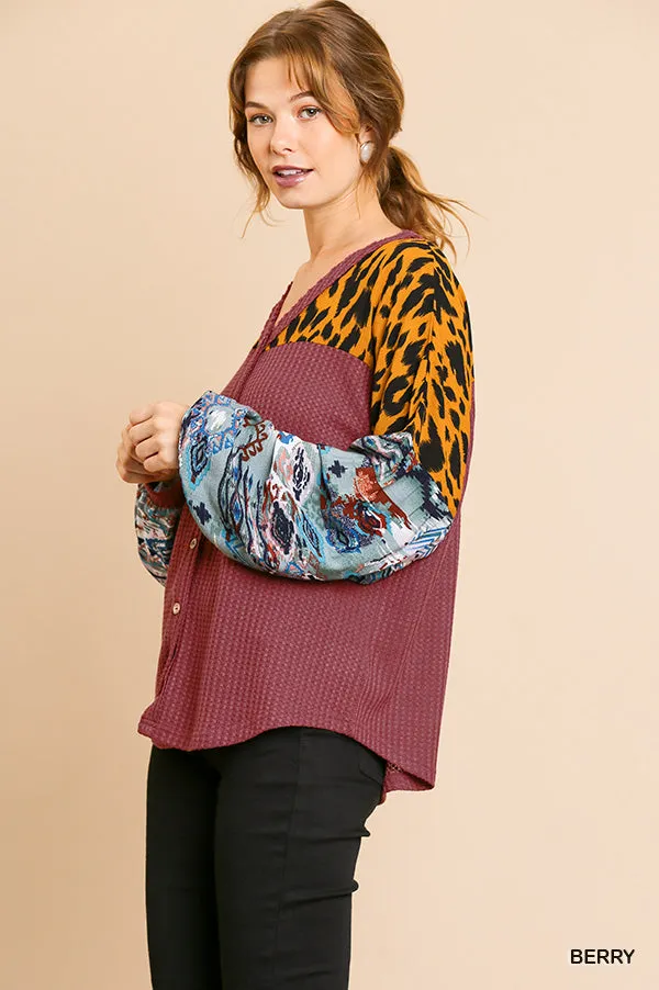 Animal & Aztec Waffle Knit Top, Berry