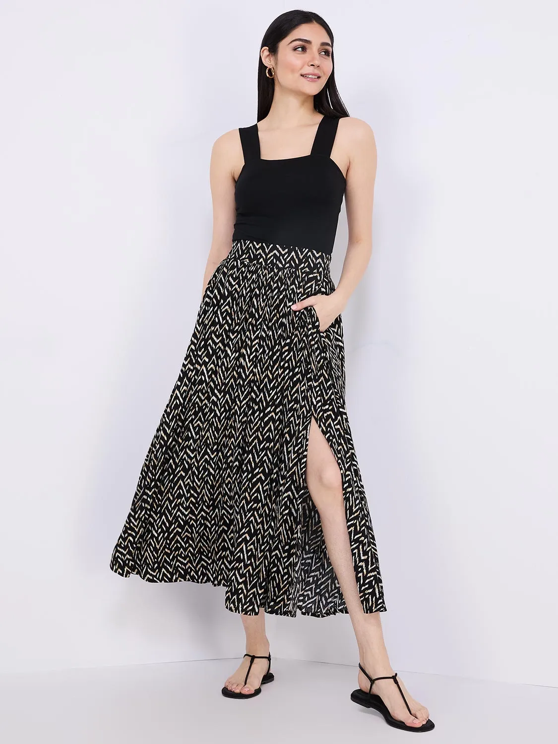 Animal Print Crinkle Maxi Skirt With Front Slit