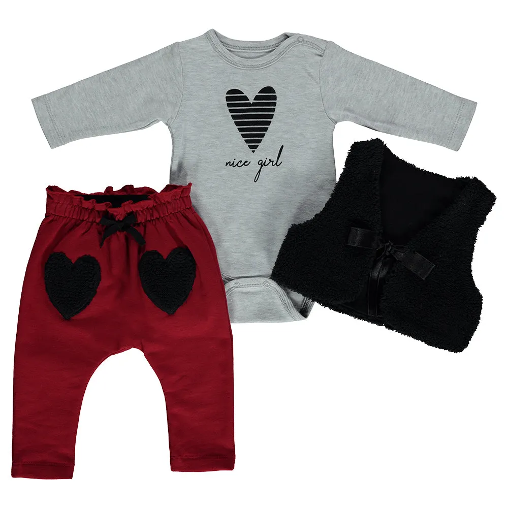 Bebetto Bodysuit, Joggers and Faux Fur Sleeveless Jacket Set (6mths-2yrs)