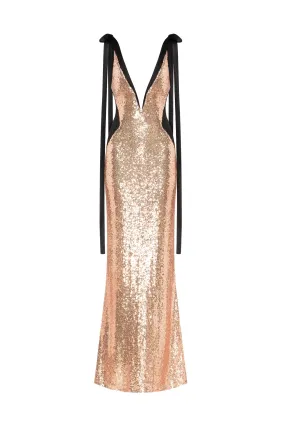 Bizzare fully sequined tie-straps gold maxi dress, Smoky Quartz