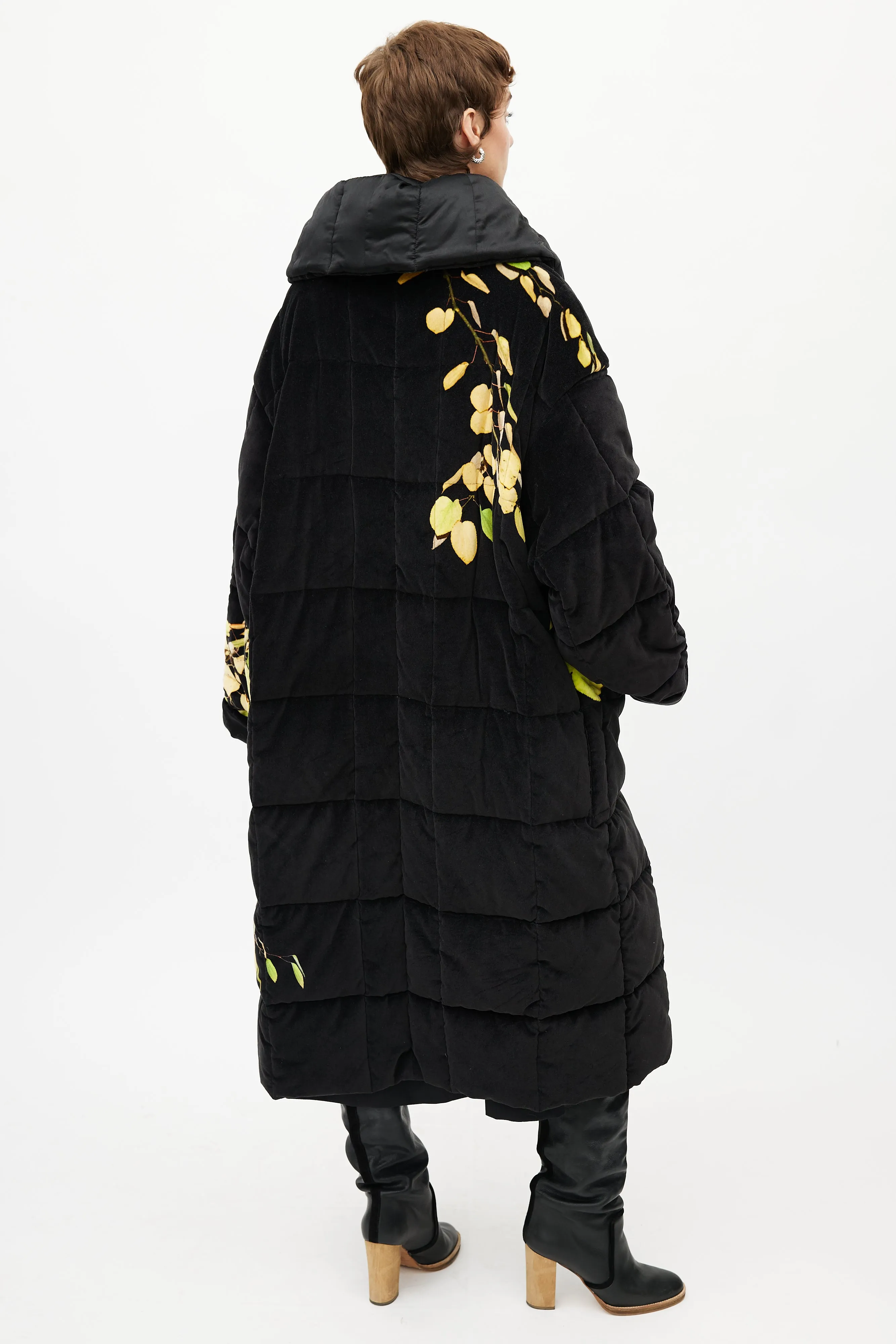 Black & Yellow Floral Velour Puffer Jacket