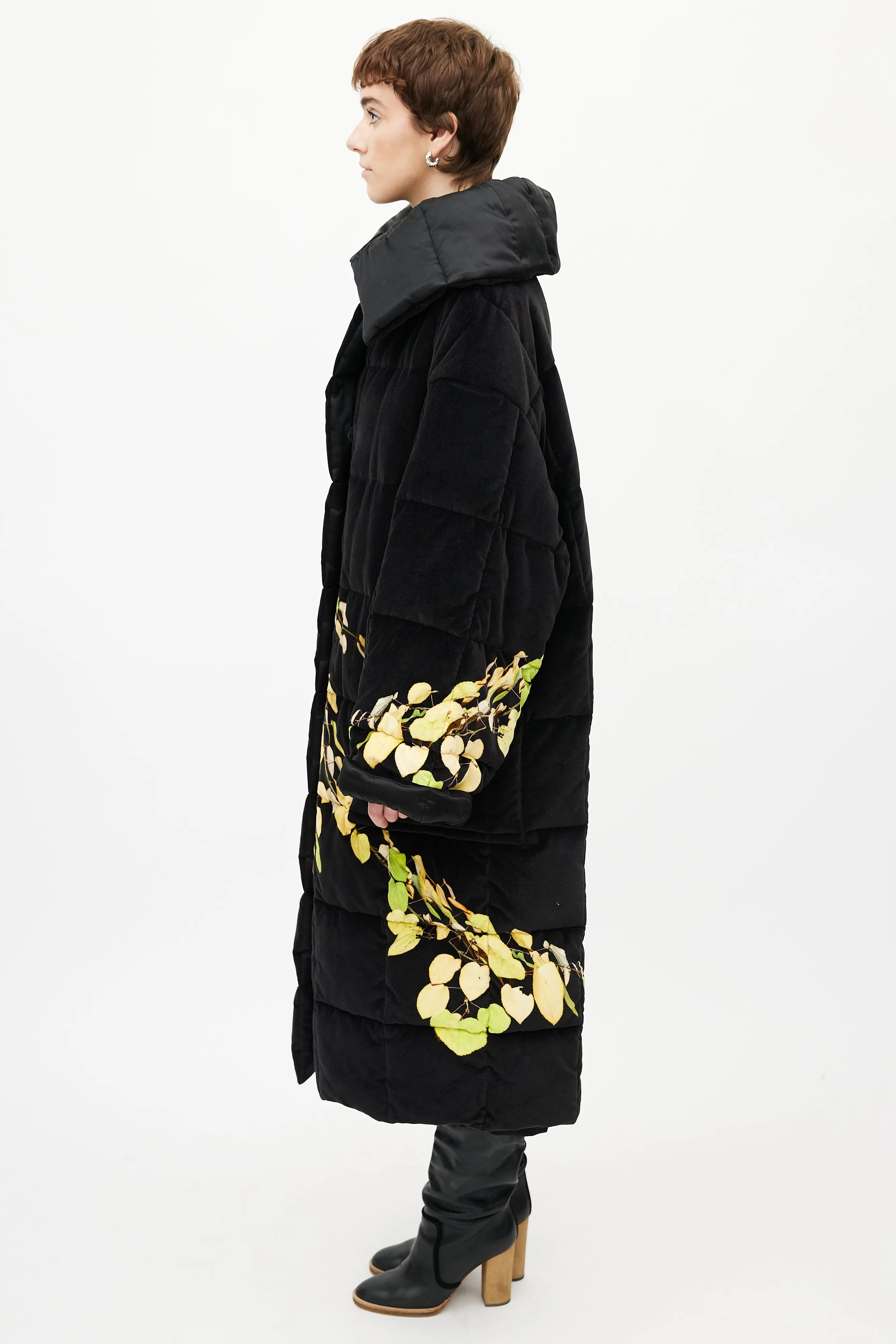 Black & Yellow Floral Velour Puffer Jacket