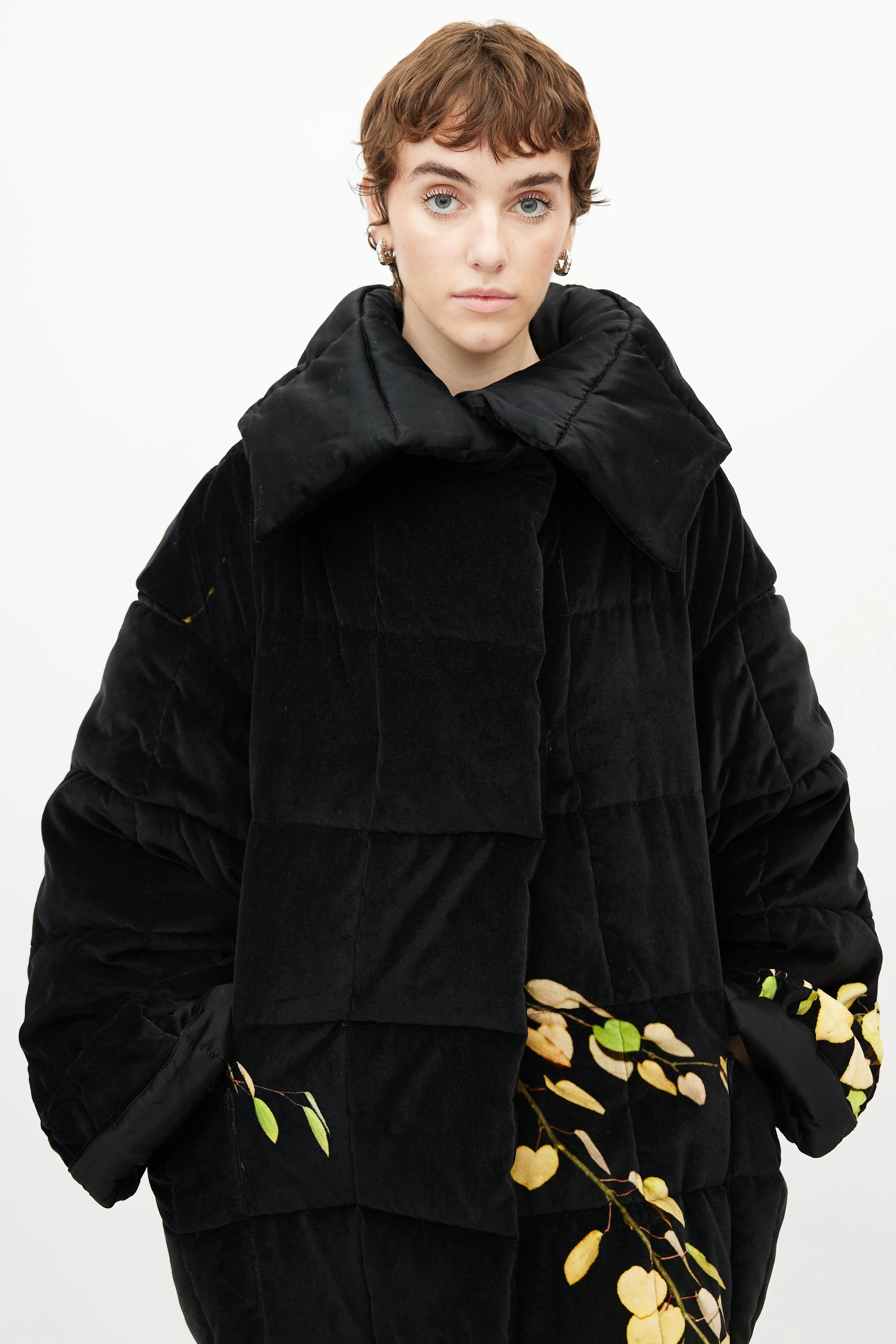 Black & Yellow Floral Velour Puffer Jacket