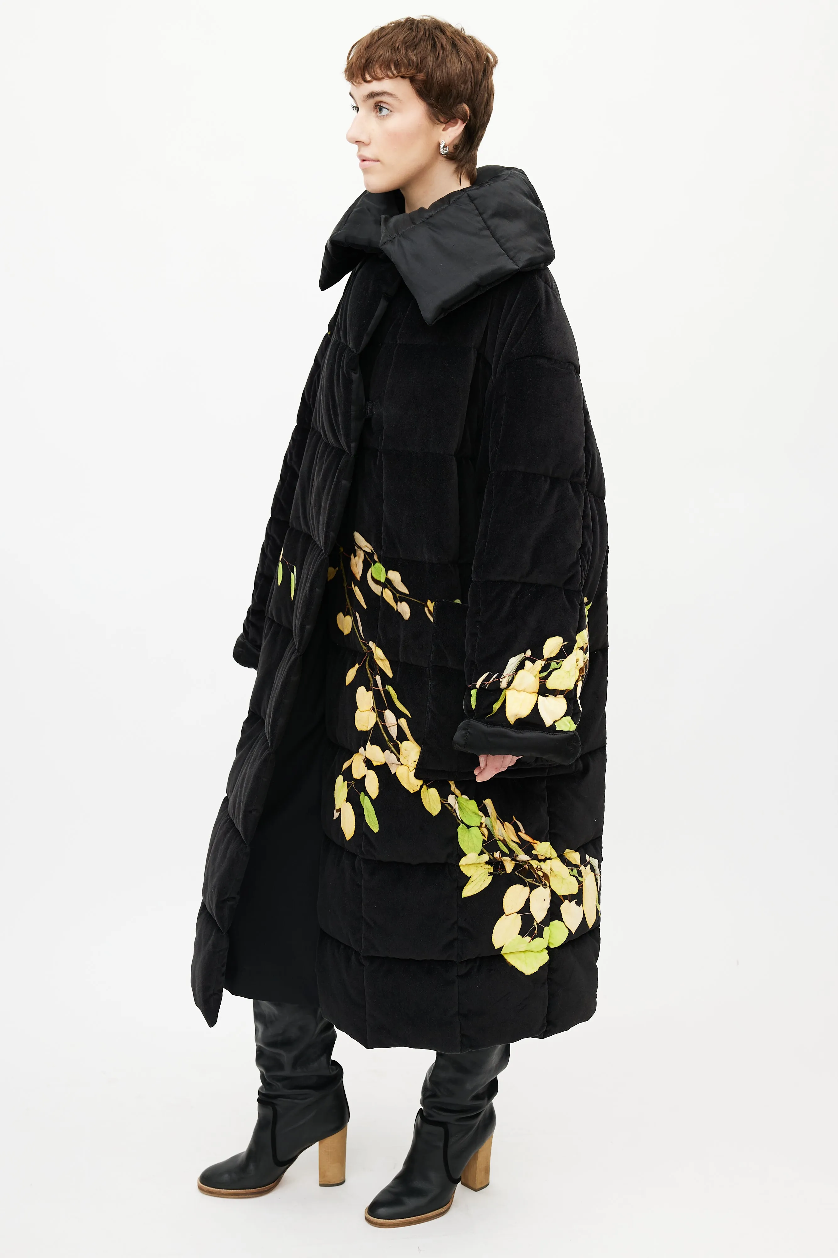 Black & Yellow Floral Velour Puffer Jacket