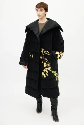 Black & Yellow Floral Velour Puffer Jacket