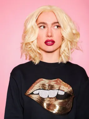 Black Jersey Unisex Sequin Sweater - Lips Mouth Biting - Gold