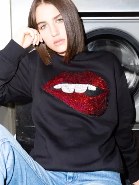 Black Jersey Unisex Sequin Sweater - Lips Mouth Biting - Red