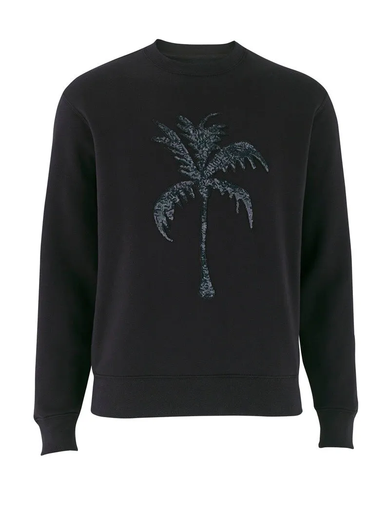 Black Jersey Unisex Sequin Sweater - Palm Tree