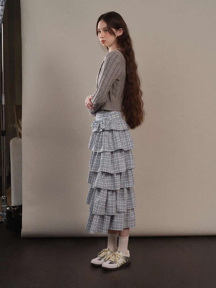 Blue Checked Frilled Layered Long Skirt YOO0075