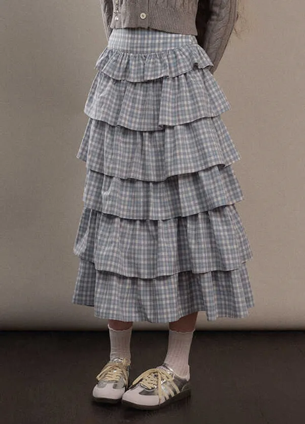 Blue Checked Frilled Layered Long Skirt YOO0075