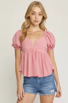 Bubble Sleeve Babydoll Top, Pink